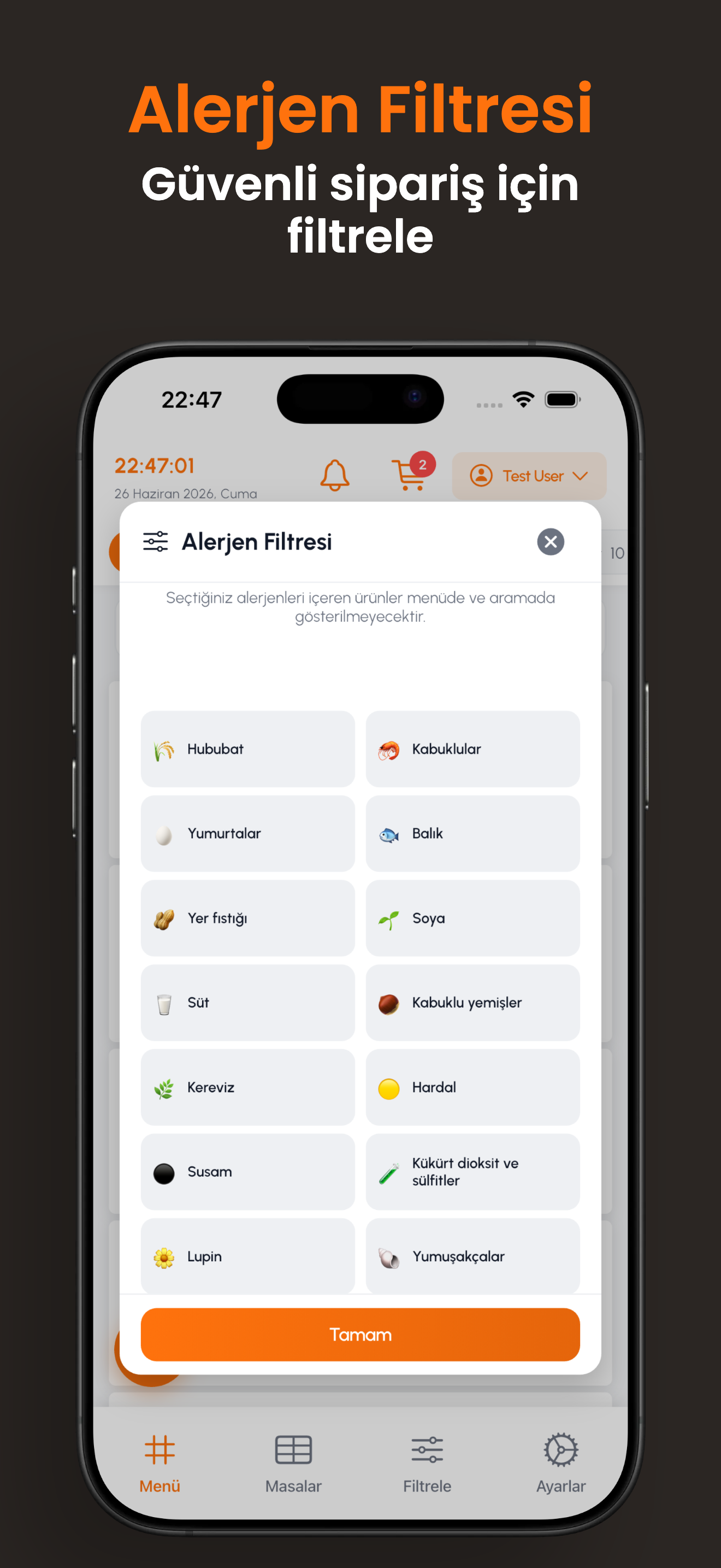 Alerjen filtresi ekranı
